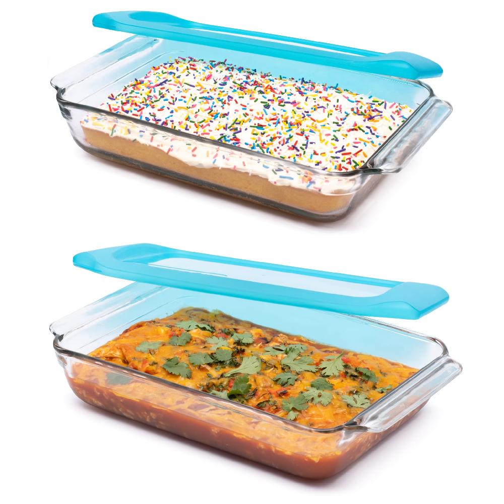 libbey Libbey Baker’s Premium 9x13 Rectangle Glass Baking Dish Set of 2 with Lids Stackable Bakeware with GreatGrip Handles and Plastic Covers