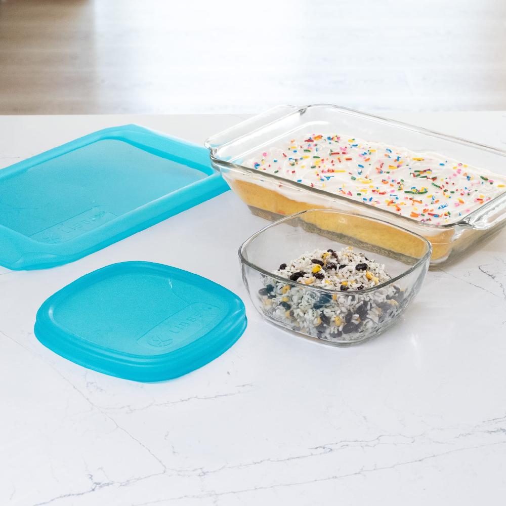 Libbey Libbey Baker’s Premium Bake & Store 4 Piece Glass Set With 9x13 Baking Dish And 6 Cup Storage Container With Blue Plastic Lids