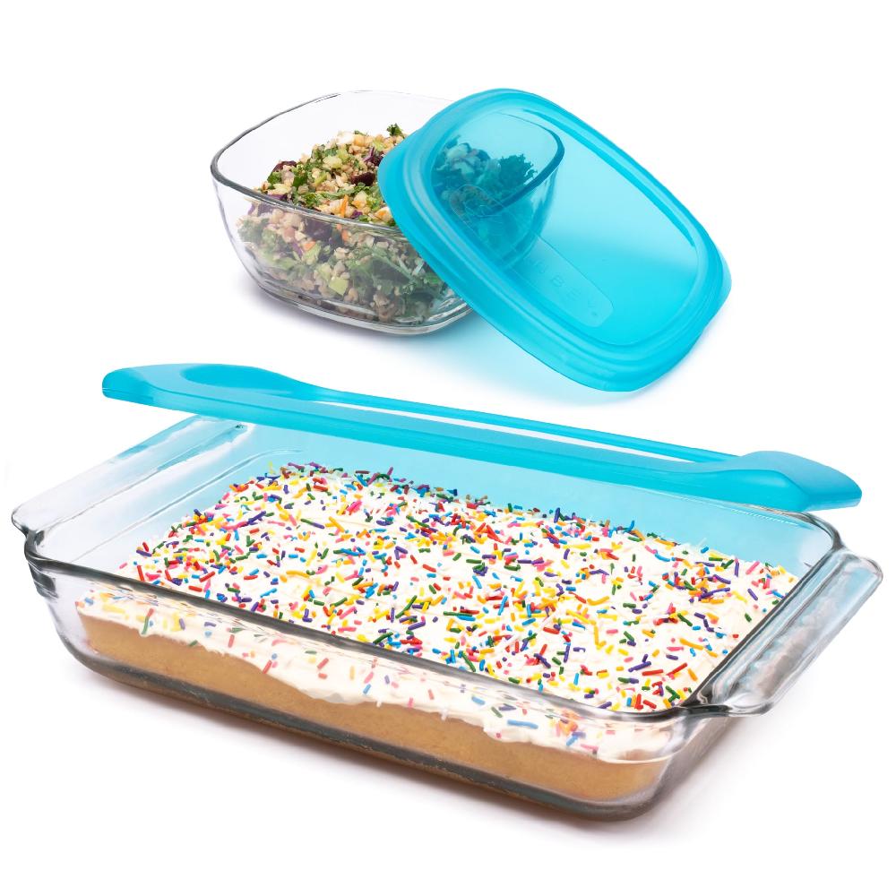 libbey Libbey Baker’s Premium Bake & Store 4 Piece Glass Set with 9x13 Baking Dish and 6 Cup Storage Container with Blue Plastic Lids