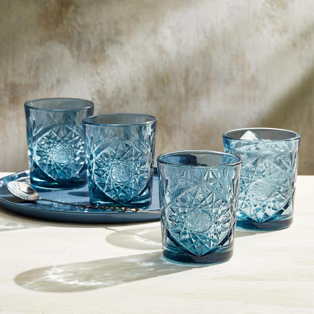 Libbey Libbey Hobstar Double Old Fashioned Glasses 12 Ounce Blue Set Of 4