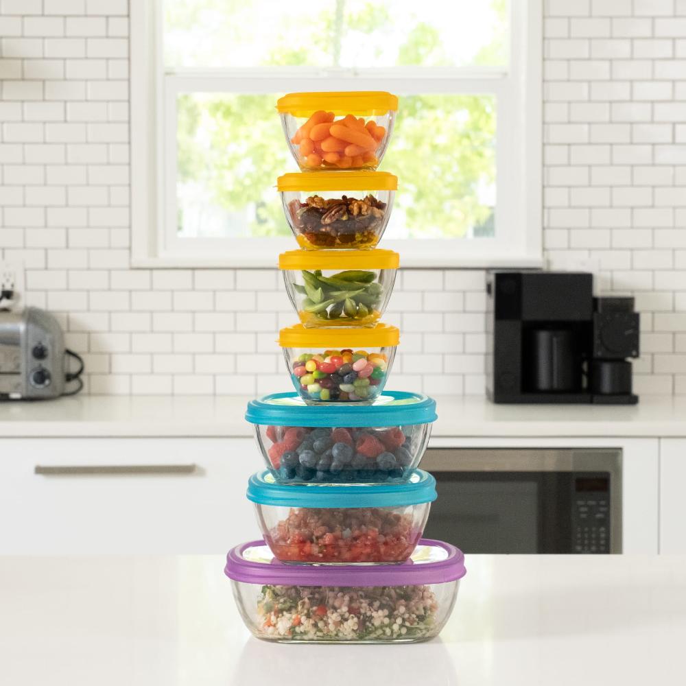 Libbey Libbey Serve It 14 Piece Glass Storage Container Set With 2 Cup 6 Cup And 8 Cup Bowls And Multi Color Lids