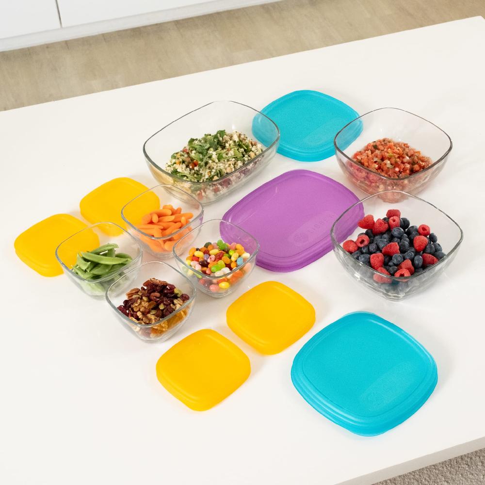 Libbey Libbey Serve It 14 Piece Glass Storage Container Set With 2 Cup 6 Cup And 8 Cup Bowls And Multi Color Lids