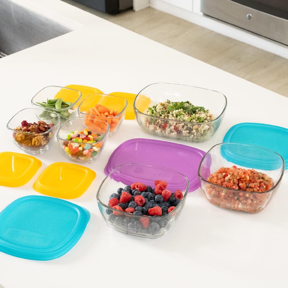 Libbey Libbey Serve It 14 Piece Glass Storage Container Set With 2 Cup 6 Cup And 8 Cup Bowls And Multi Color Lids