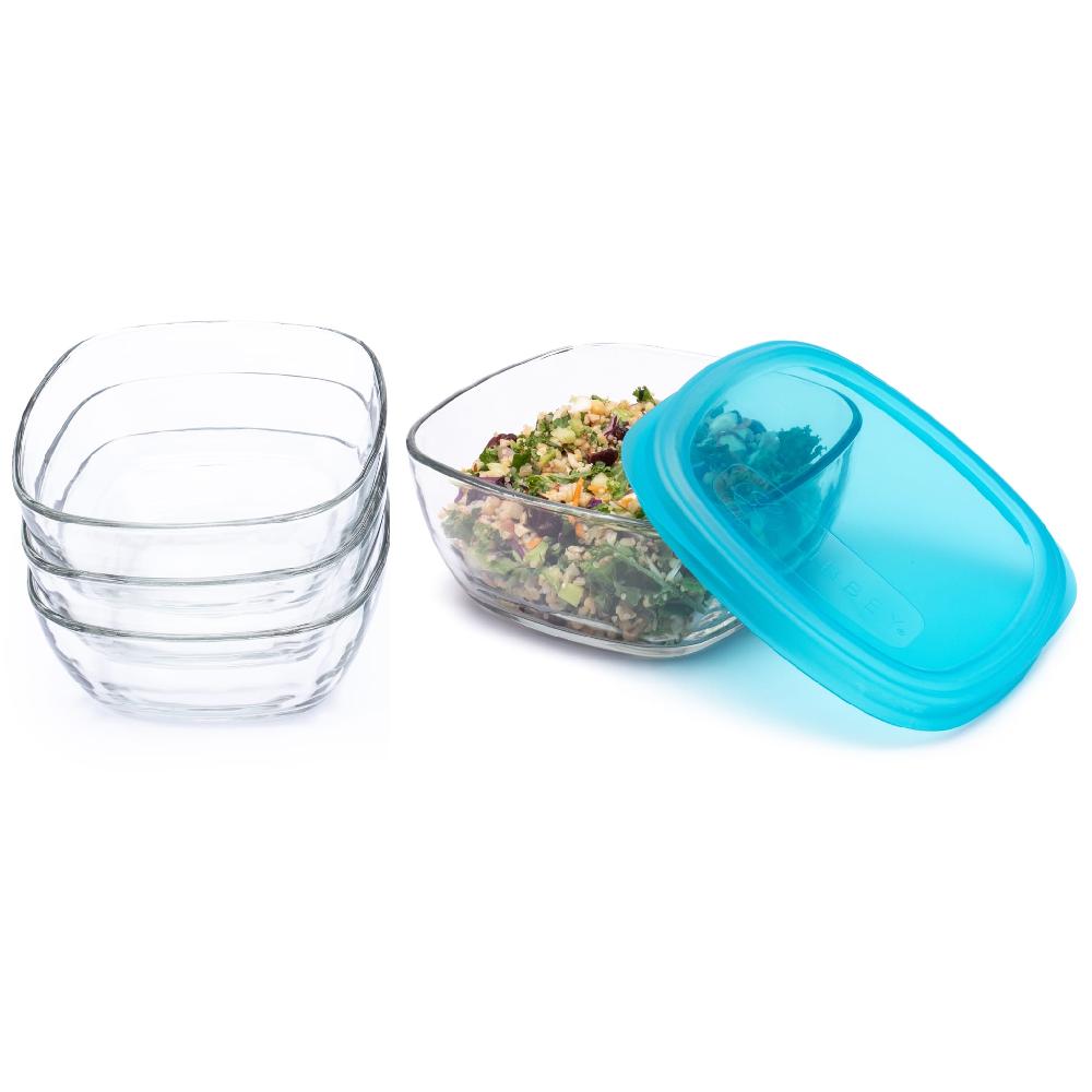 libbey Libbey Serve It 8 Piece Glass Storage Bowl Set with 6 Cup Containers and Blue Plastic Lids