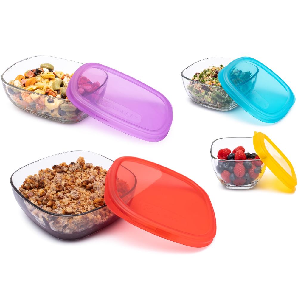 libbey Libbey Serve It 8 Piece Glass Storage Container Set with 2 Cup 6 Cup 8 Cup and 12.5 Cup Bowls and Multi Color Lids