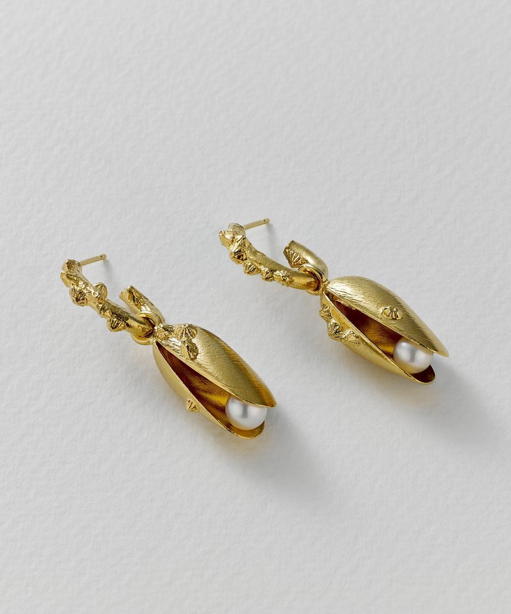 Liberty London Alex Monroe 22ct Gold-Plated Statement Mussel & Pearl Drop Earrings