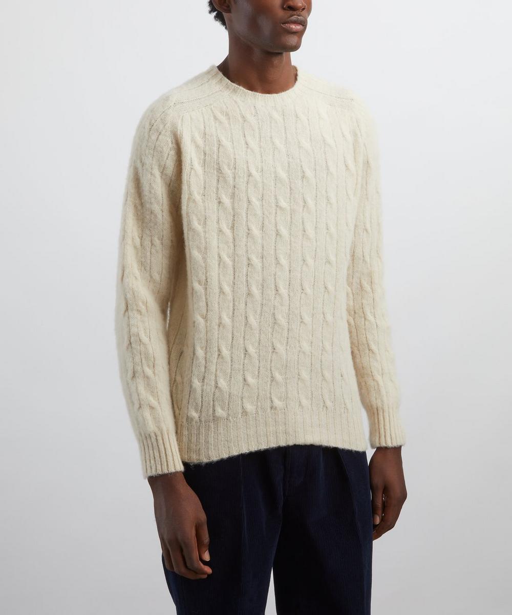 Liberty London Drakes Ecru Brushed Shetland Cable Knit Crew Neck Jumper