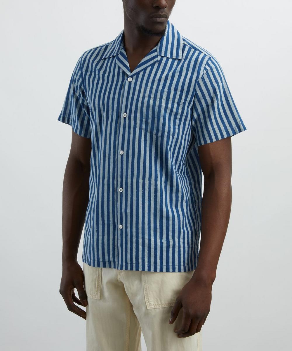 Liberty London Drakes Indigo Stripe Block Print Short-Sleeve Shirt