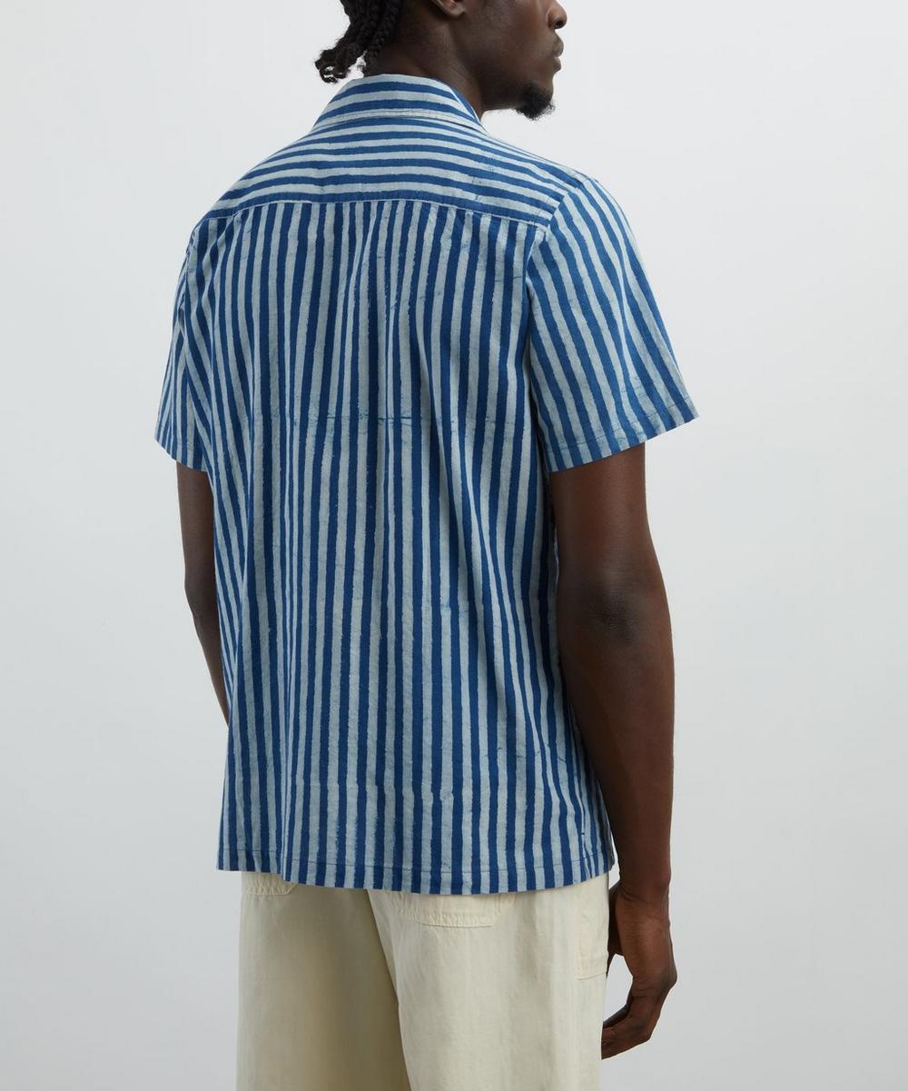 Liberty London Drakes Indigo Stripe Block Print Short-Sleeve Shirt