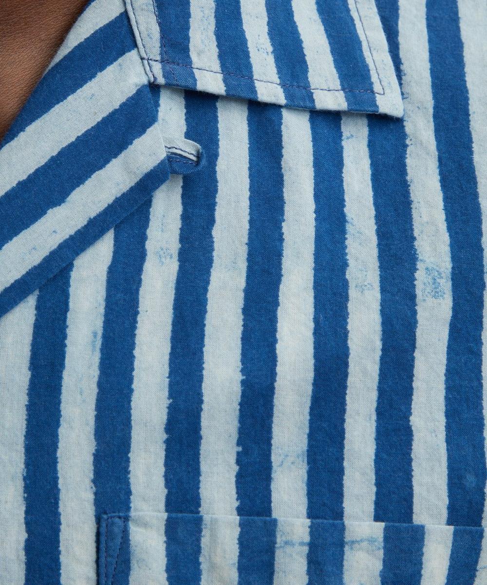 Liberty London Drakes Indigo Stripe Block Print Short-Sleeve Shirt