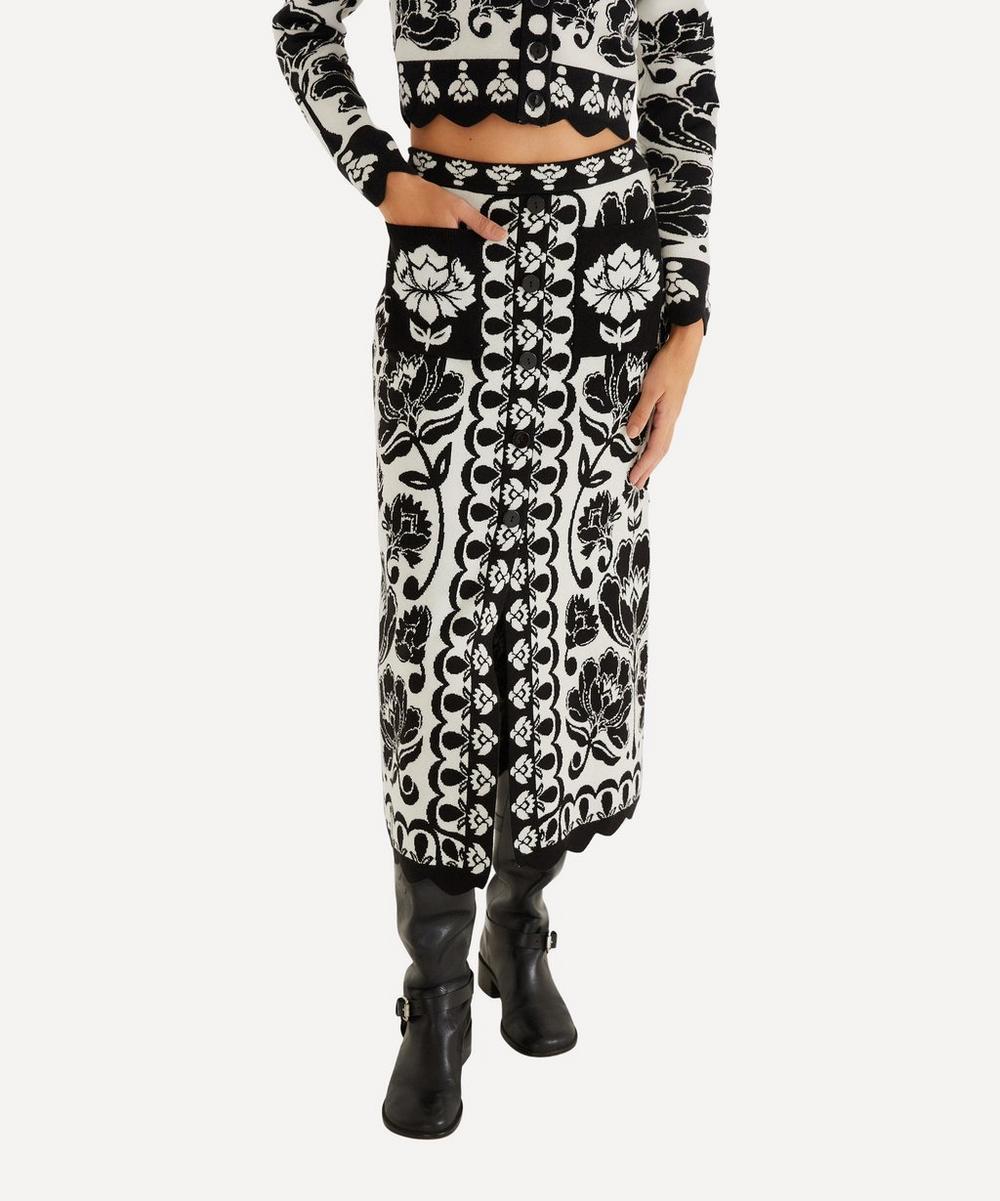 Liberty London FARM Rio Black And White Floral Arabesque Knit Midi Skirt