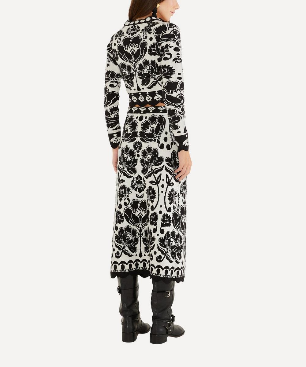 liberty london FARM Rio Black and White Floral Arabesque Knit Midi Skirt