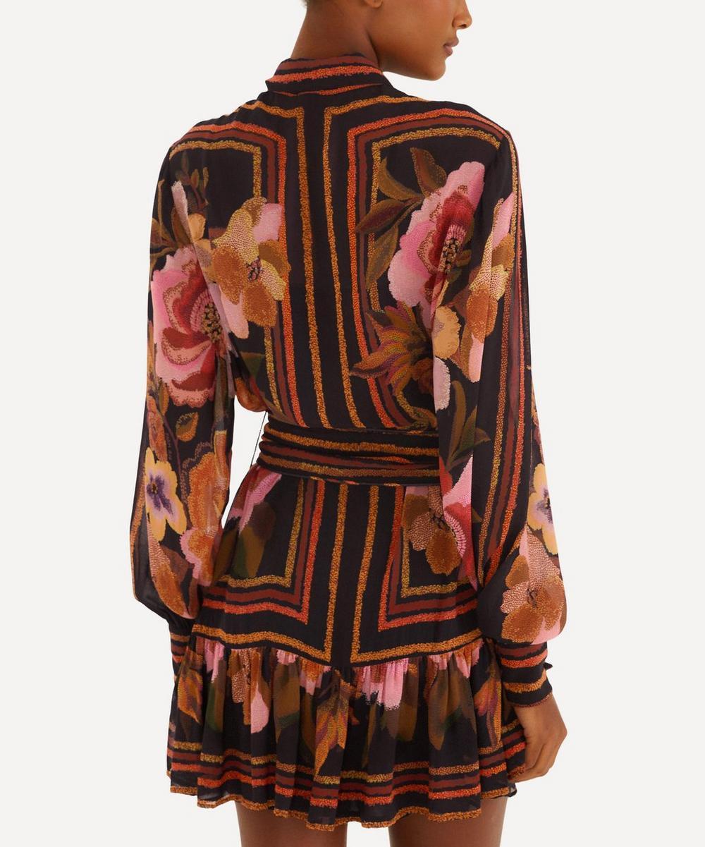 liberty london FARM Rio Black Chenille Flowers Belted Long-Sleeve Mini Dress