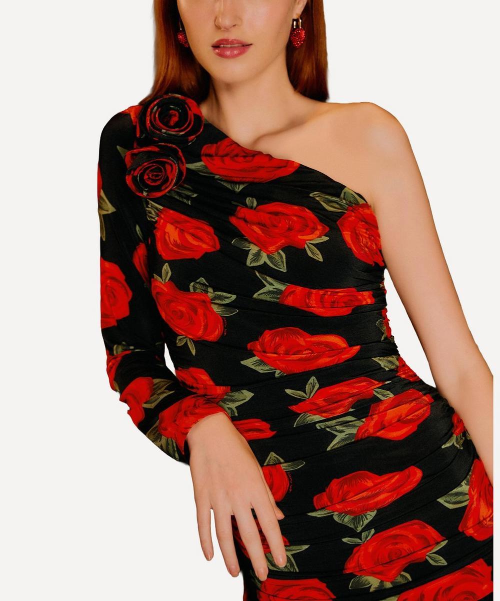 Liberty London FARM Rio Black Latin Roses Single-Shoulder Midi Dress
