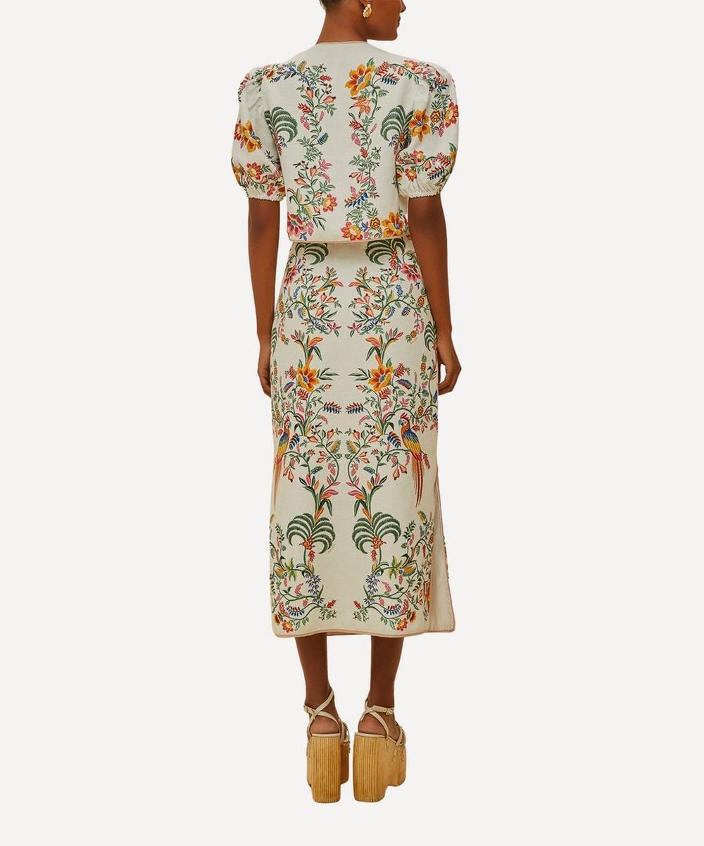 liberty london FARM Rio Off-White Delicate Forest Linen Midi Skirt