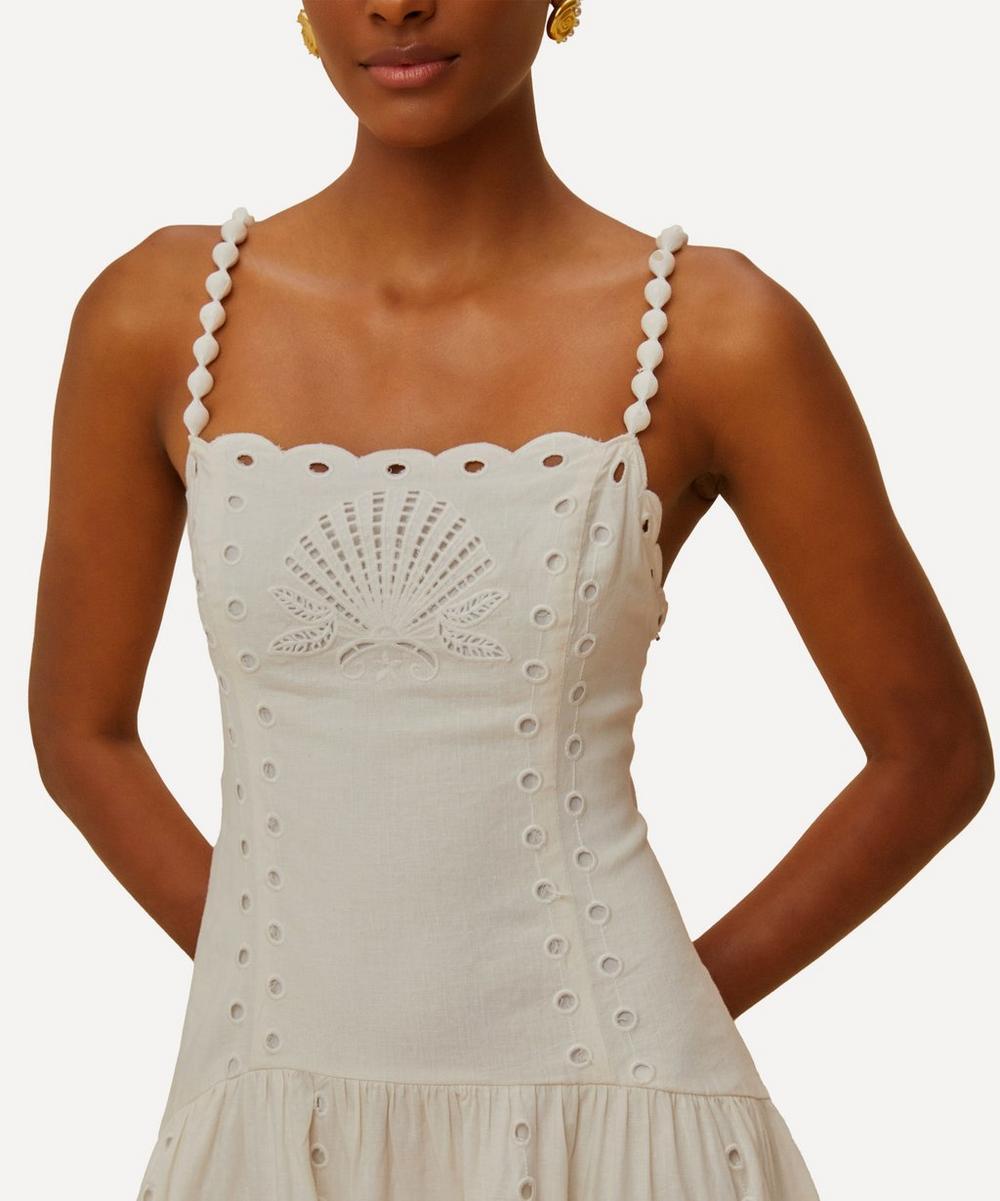 Liberty London FARM Rio Off-White Flowers Richelieu Linen Sleeveless Midi Dress