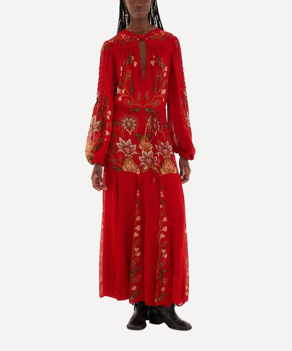 liberty london FARM Rio Red Berry Garden Long-Sleeve Pleated Maxi Dress
