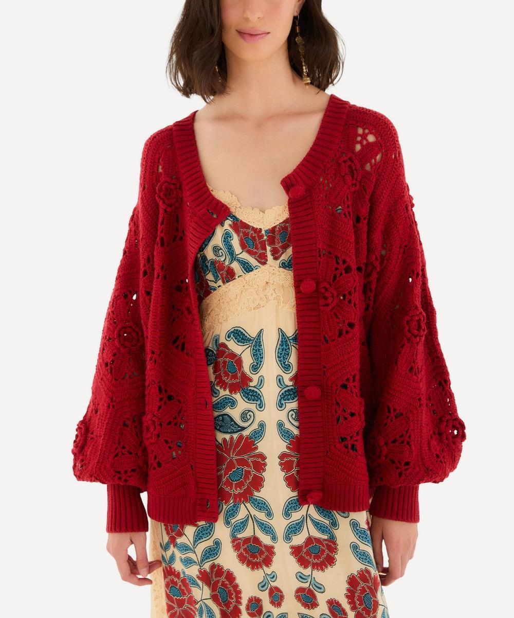 liberty london FARM Rio Red Crochet Flower Knit Cardigan