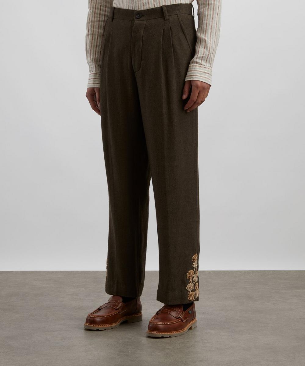 Liberty London Kartik Research Khaki Double Pleat Hand-Embroidered Trousers