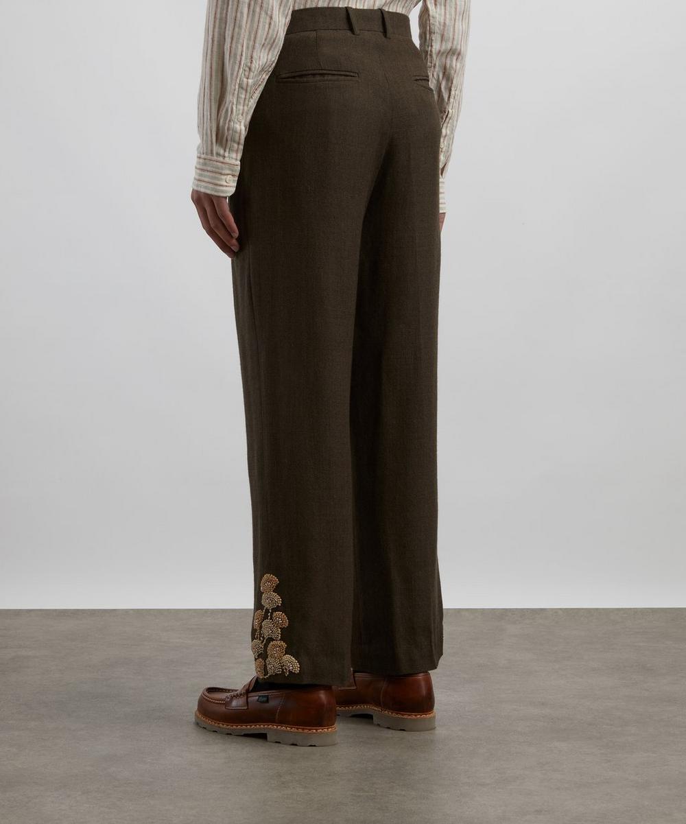 Liberty London Kartik Research Khaki Double Pleat Hand-Embroidered Trousers