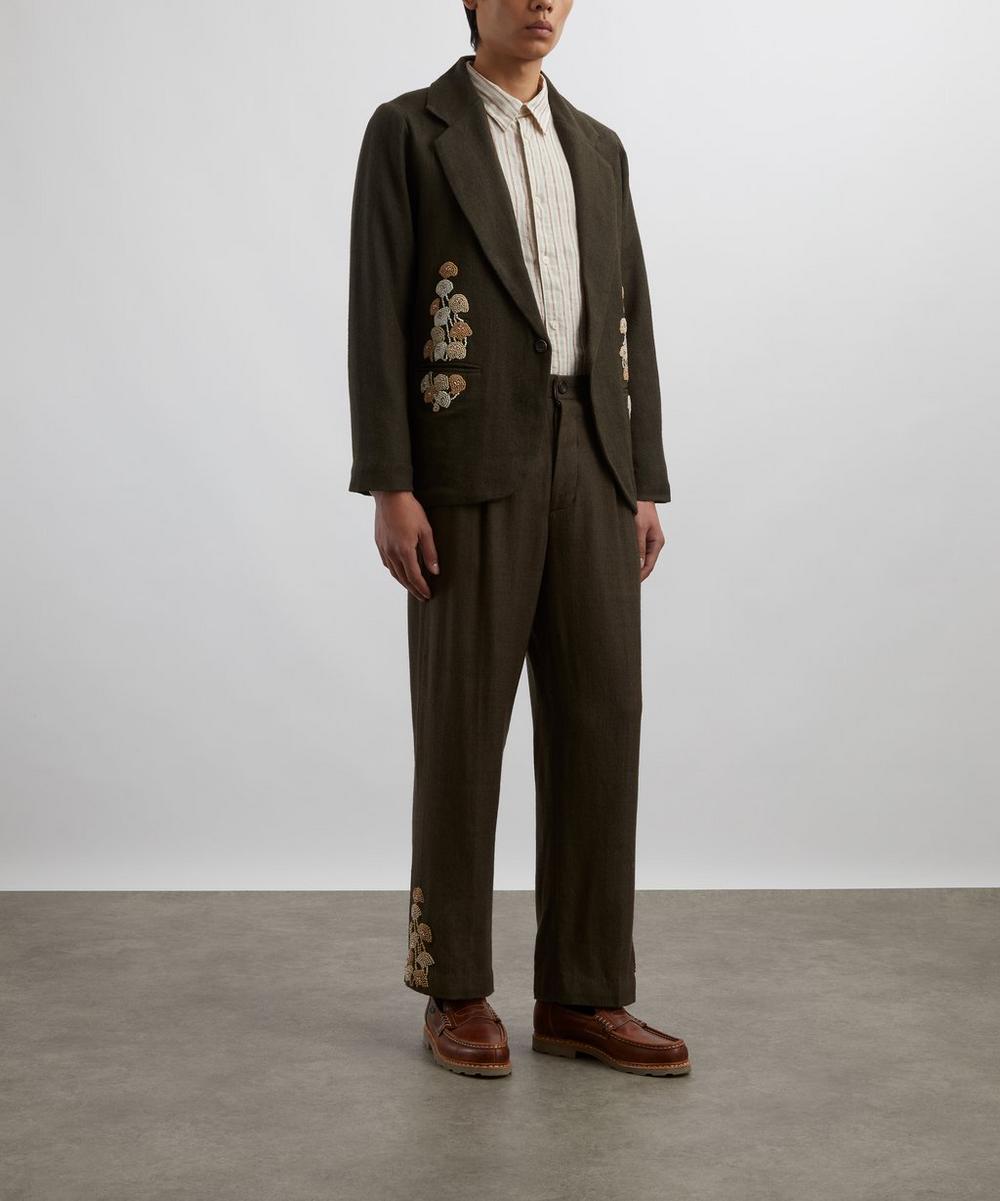 liberty london Kartik Research Khaki Double Pleat Hand-Embroidered Trousers