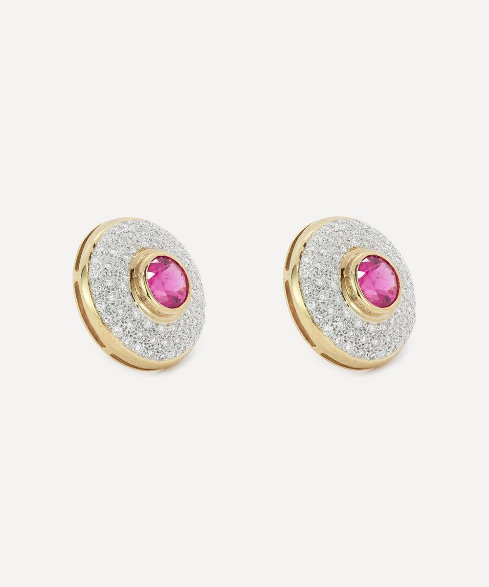 liberty london Kojis 14ct Gold Rubellite Tourmaline and Diamond Disc Stud Earrings