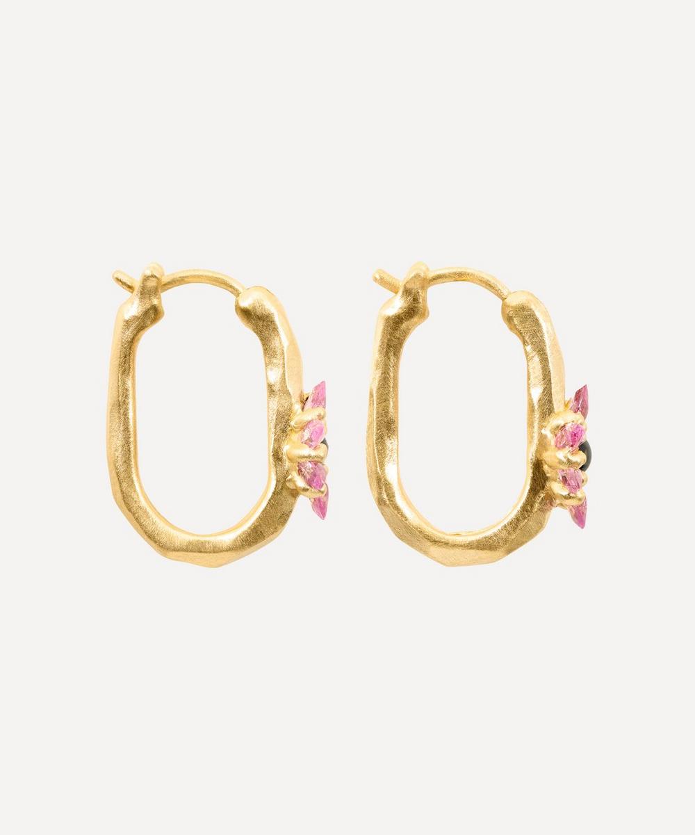 Liberty London Polly Wales 18ct Gold Small Green And Pink Daisy Oval Hoop Earrings
