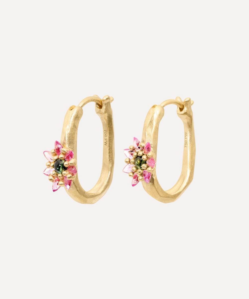 liberty london Polly Wales 18ct Gold Small Green and Pink Daisy Oval Hoop Earrings