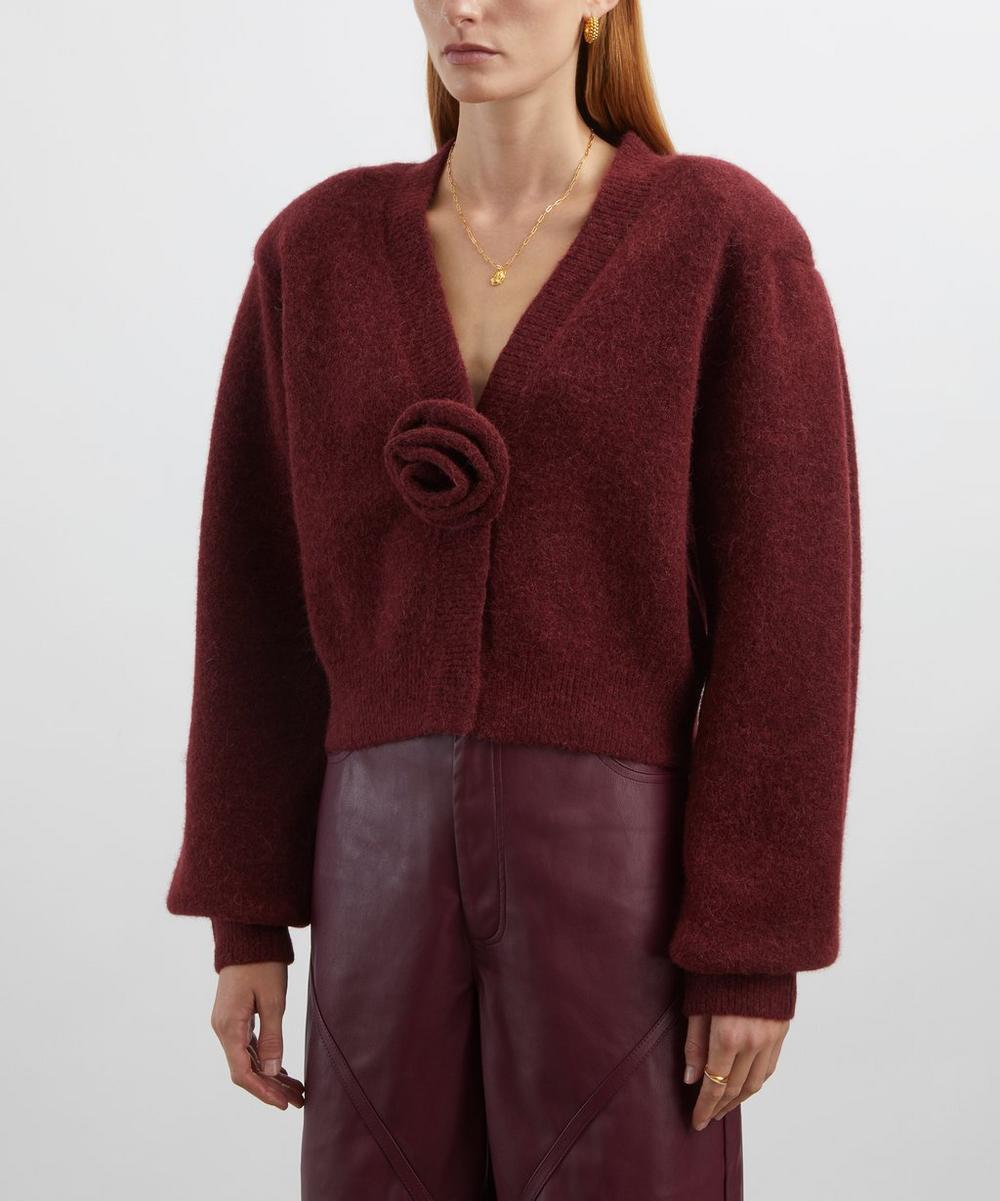 Liberty London ROTATE Birger Christensen Bordeaux Knit Puff-Sleeve Cardigan