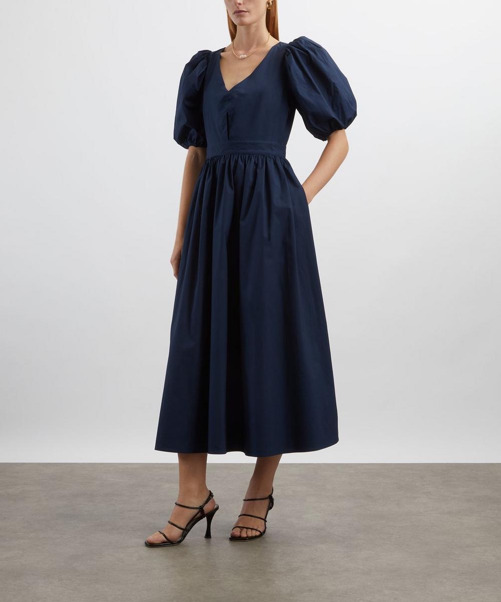 Liberty London ROTATE Birger Christensen Dark Blue Puff-Sleeve Midi Dress