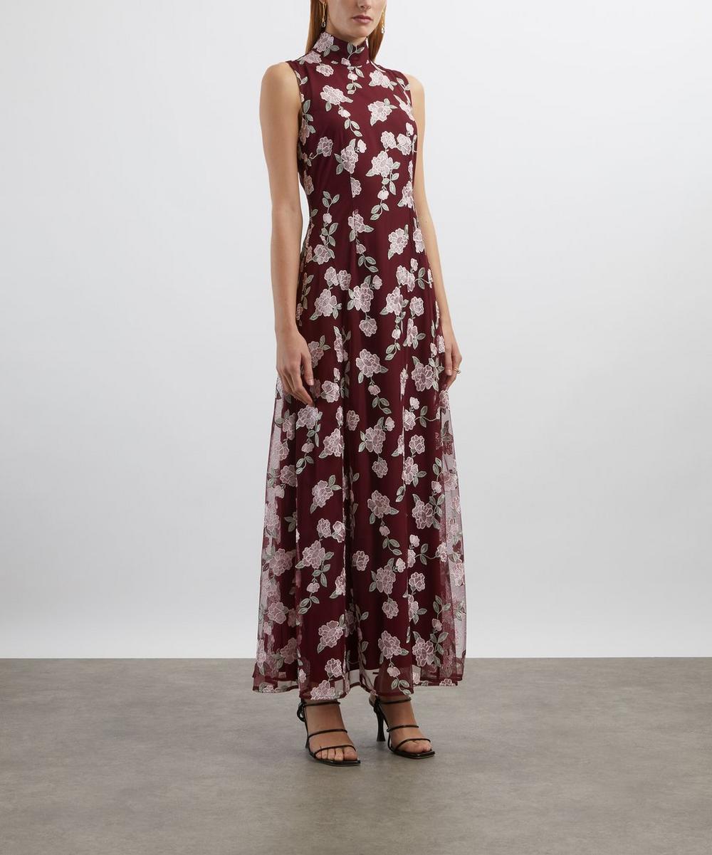 Liberty London ROTATE Birger Christensen Sleeveless Bordeaux Flower Print Maxi Dress