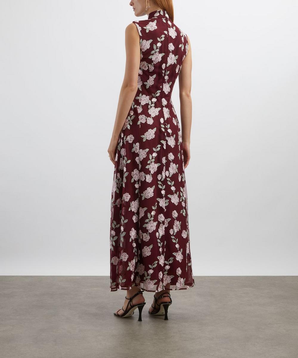 Liberty London ROTATE Birger Christensen Sleeveless Bordeaux Flower Print Maxi Dress