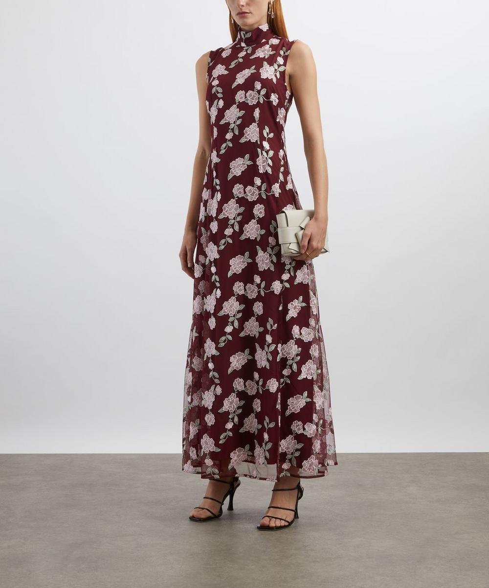 liberty london ROTATE Birger Christensen Sleeveless Bordeaux Flower Print Maxi Dress