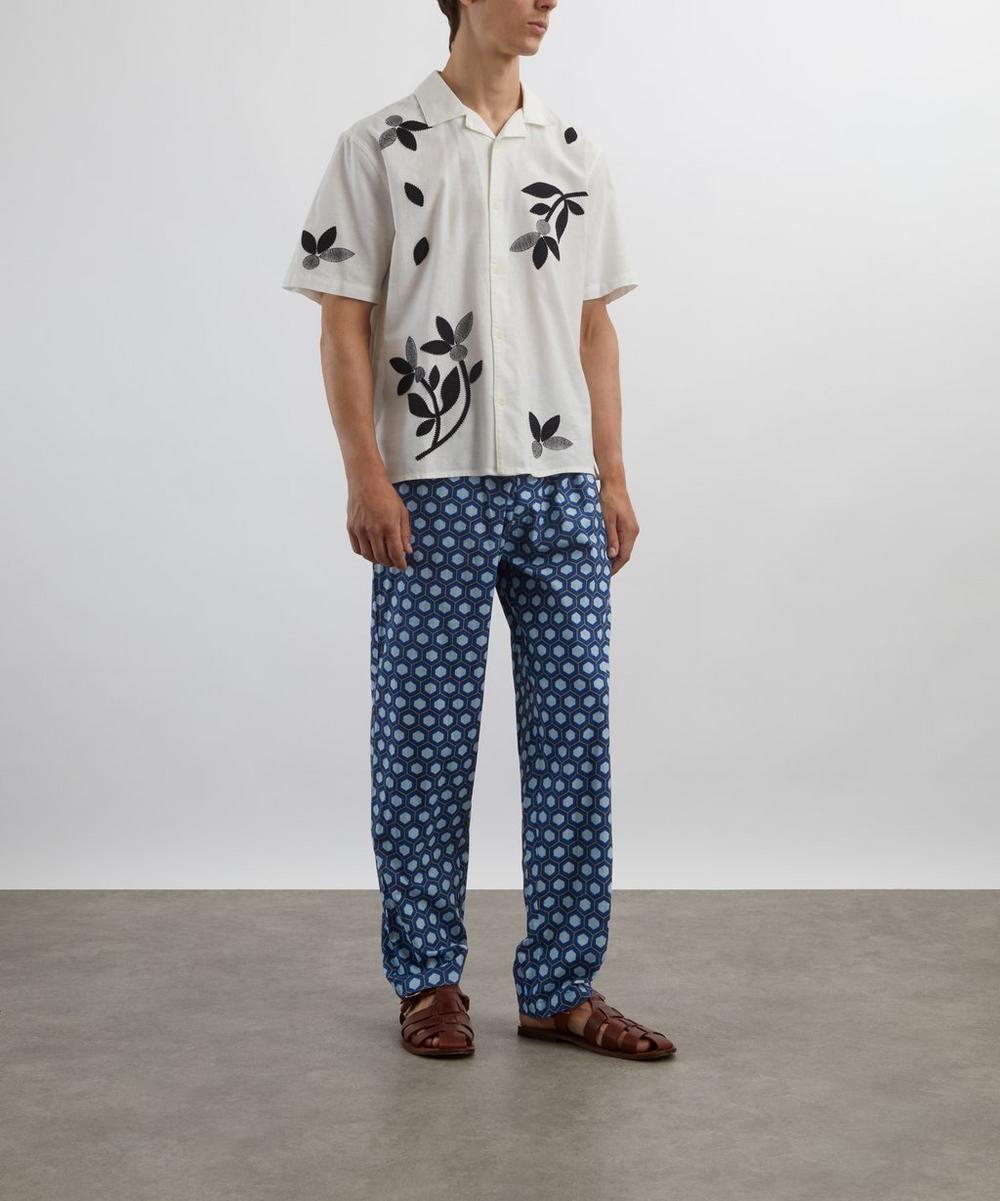 liberty london SMR Days Blue Block Print Cotton Malibu Trousers