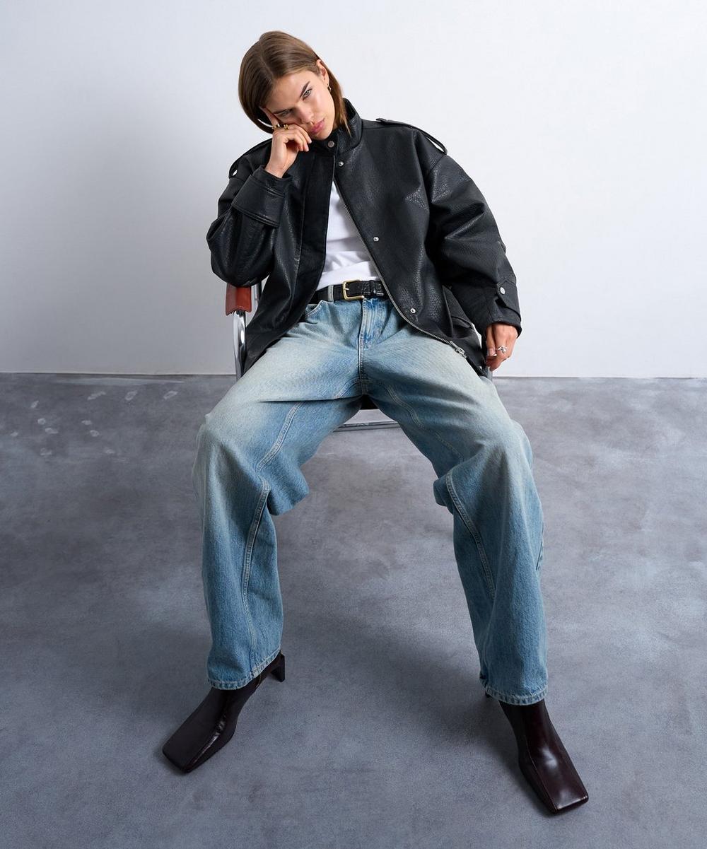 Liberty London TOPSHOP Black Faux Bubble Leather Belted Bomber Jacket