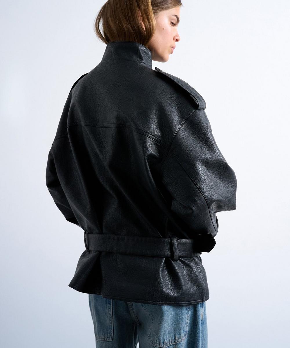 Liberty London TOPSHOP Black Faux Bubble Leather Belted Bomber Jacket