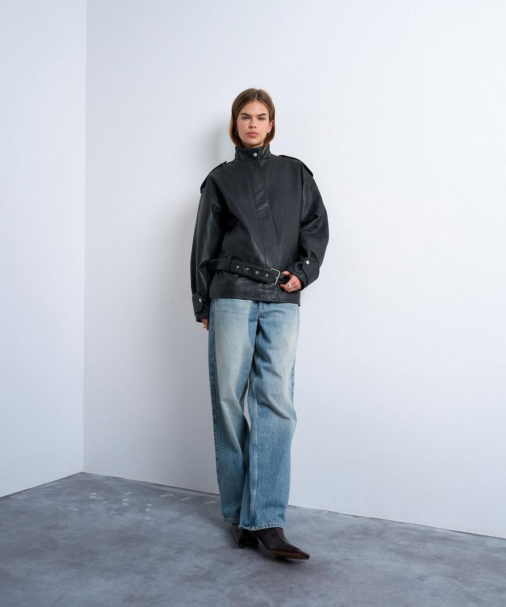 liberty london TOPSHOP Black Faux Bubble Leather Belted Bomber Jacket