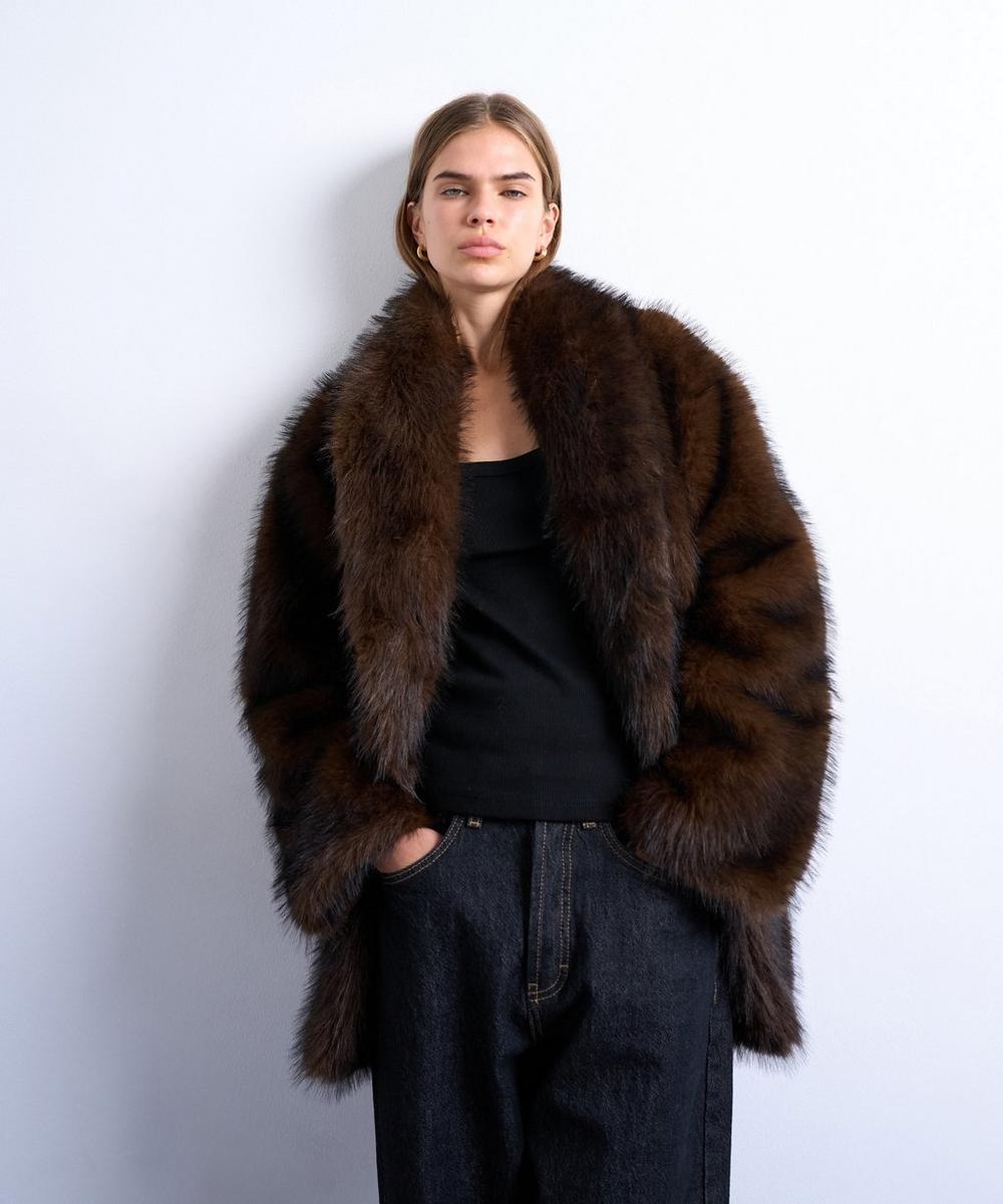 liberty london TOPSHOP Chocolate Faux Fur Collarless Mid-Length Coat