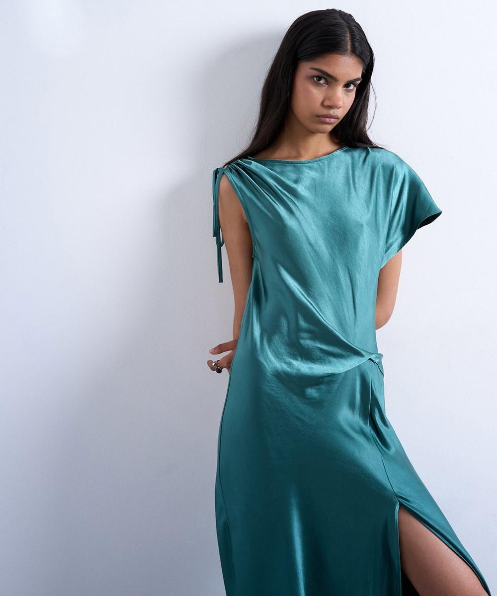 liberty london TOPSHOP Petrol Asymmetric Side Tuck Satin Midi Dress