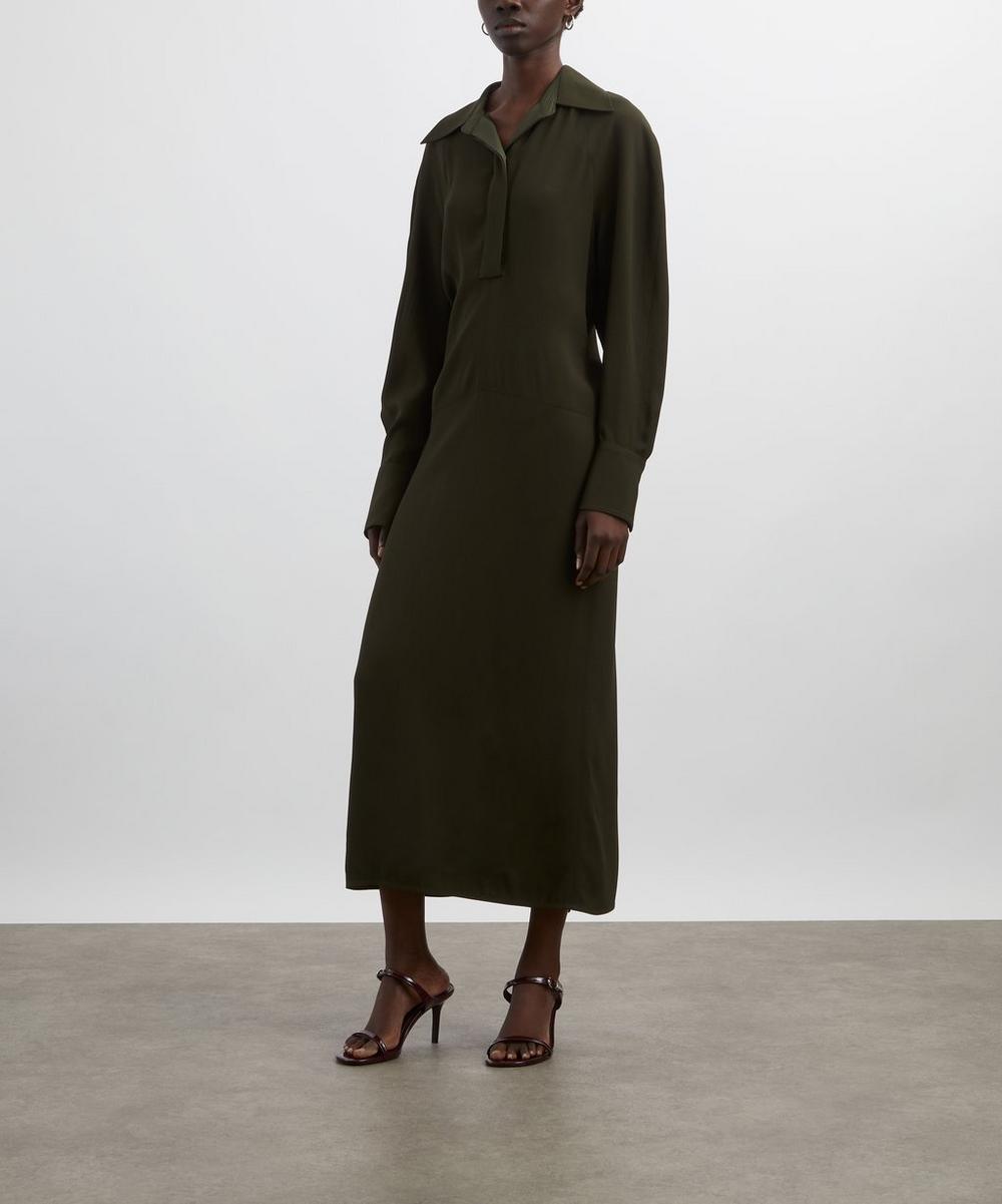 Liberty London Victoria Beckham Dark Olive Long Sleeve Polo Collar Midi Dress