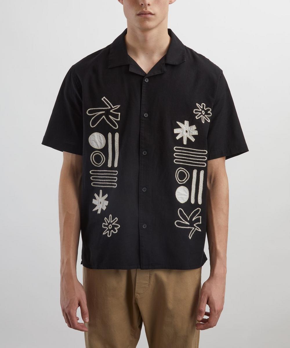 Liberty London Wax London Didcot Black And Ecru Abstract Applique Short-Sleeve Shirt