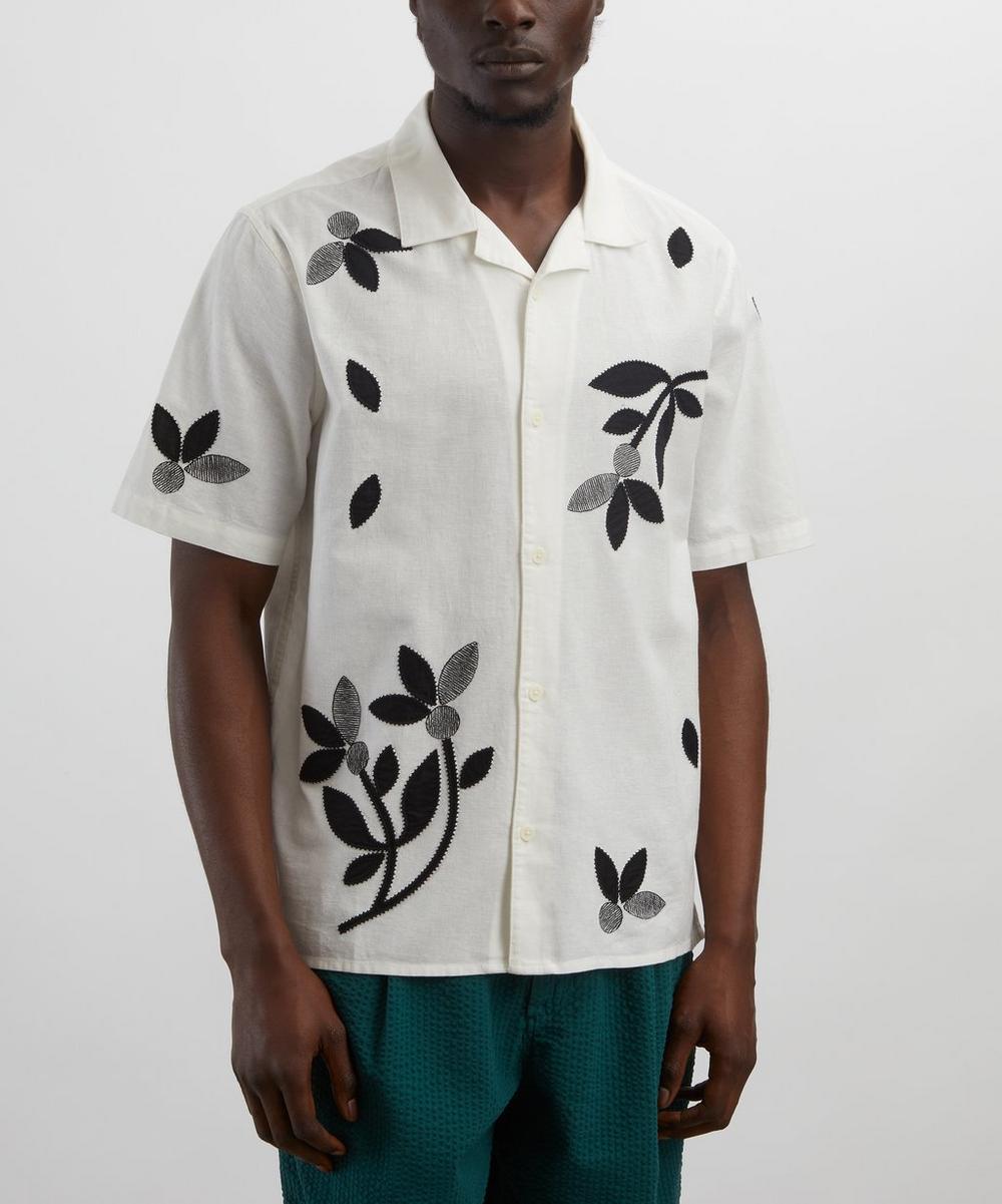 Liberty London Wax London Didcot Ecru-Black Bloom Applique Short-Sleeve Shirt