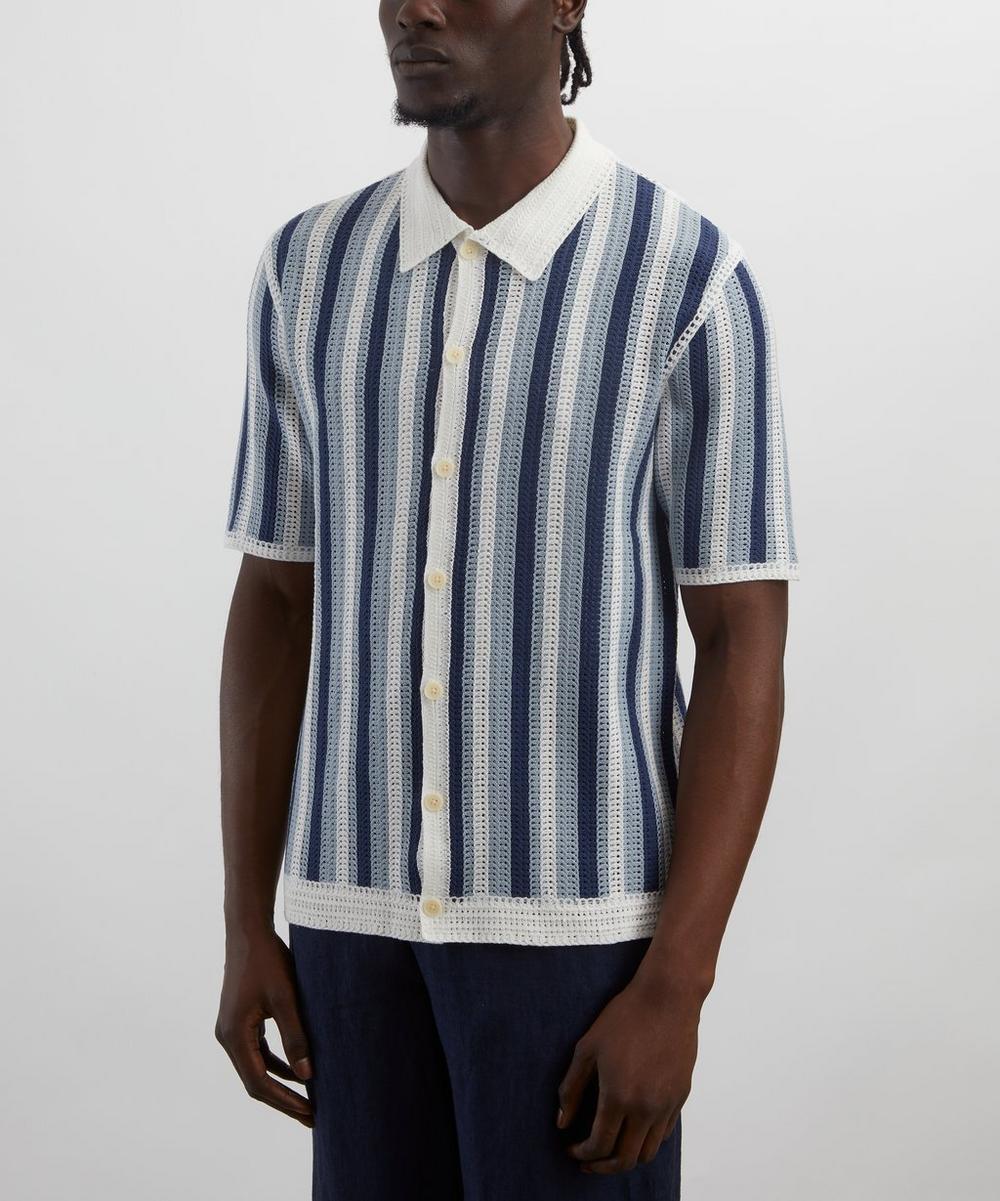 Liberty London Wax London Porto Blue And Ecru Stripe Crochet Knitted Polo Shirt