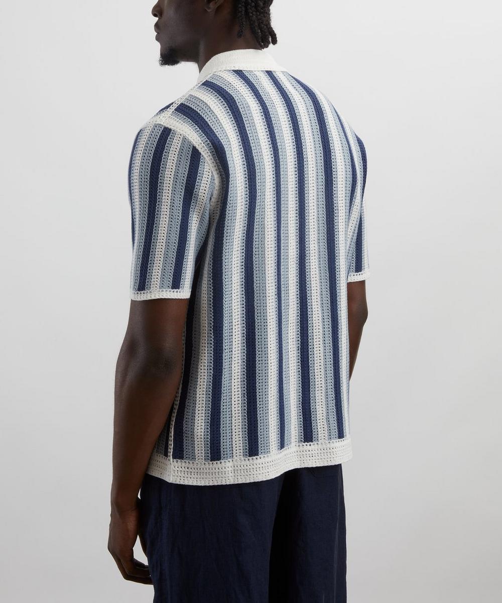 Liberty London Wax London Porto Blue And Ecru Stripe Crochet Knitted Polo Shirt