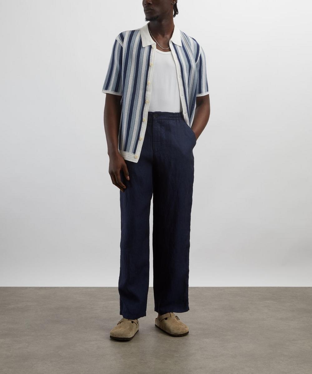 liberty london Wax London Porto Blue And Ecru Stripe Crochet Knitted Polo Shirt