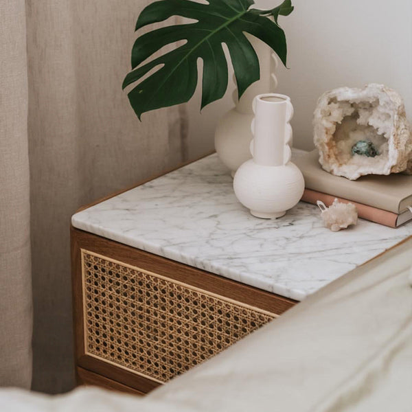 Life Interiors Delta Marble Rattan Bedside Table