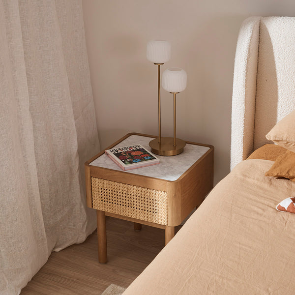Life Interiors Norah Marble Rattan Bedside Table