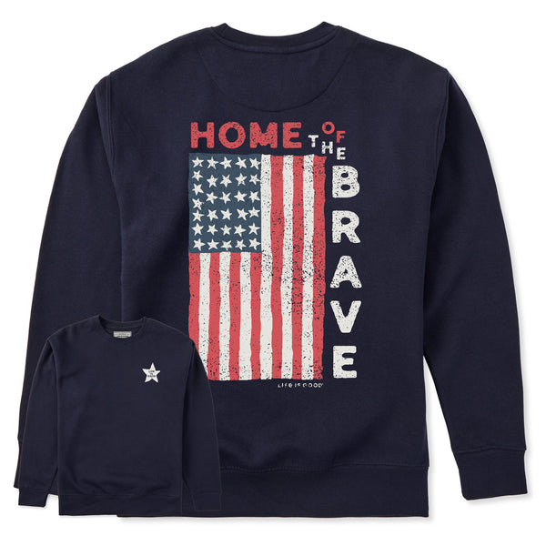 life is good Adult Unisex Home of the Brave Raggedy Flag Every Wear Crew Sweatshirt