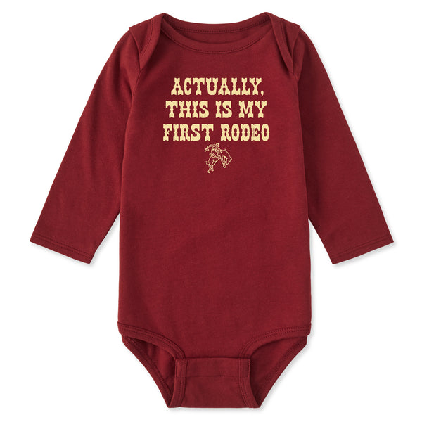 life is good Baby Woodcut First Rodeo Long Sleeve Crusher Baby Bodysuit