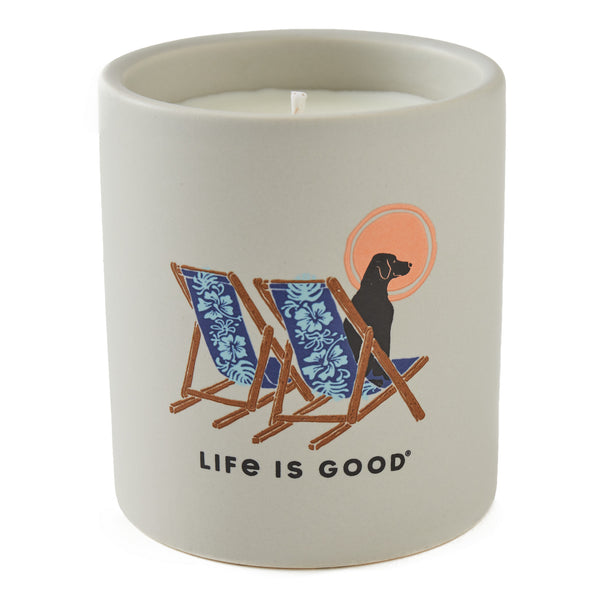 life is good Hibiscus Beach Chairs with Dog 12oz Ceramic Soy Candle